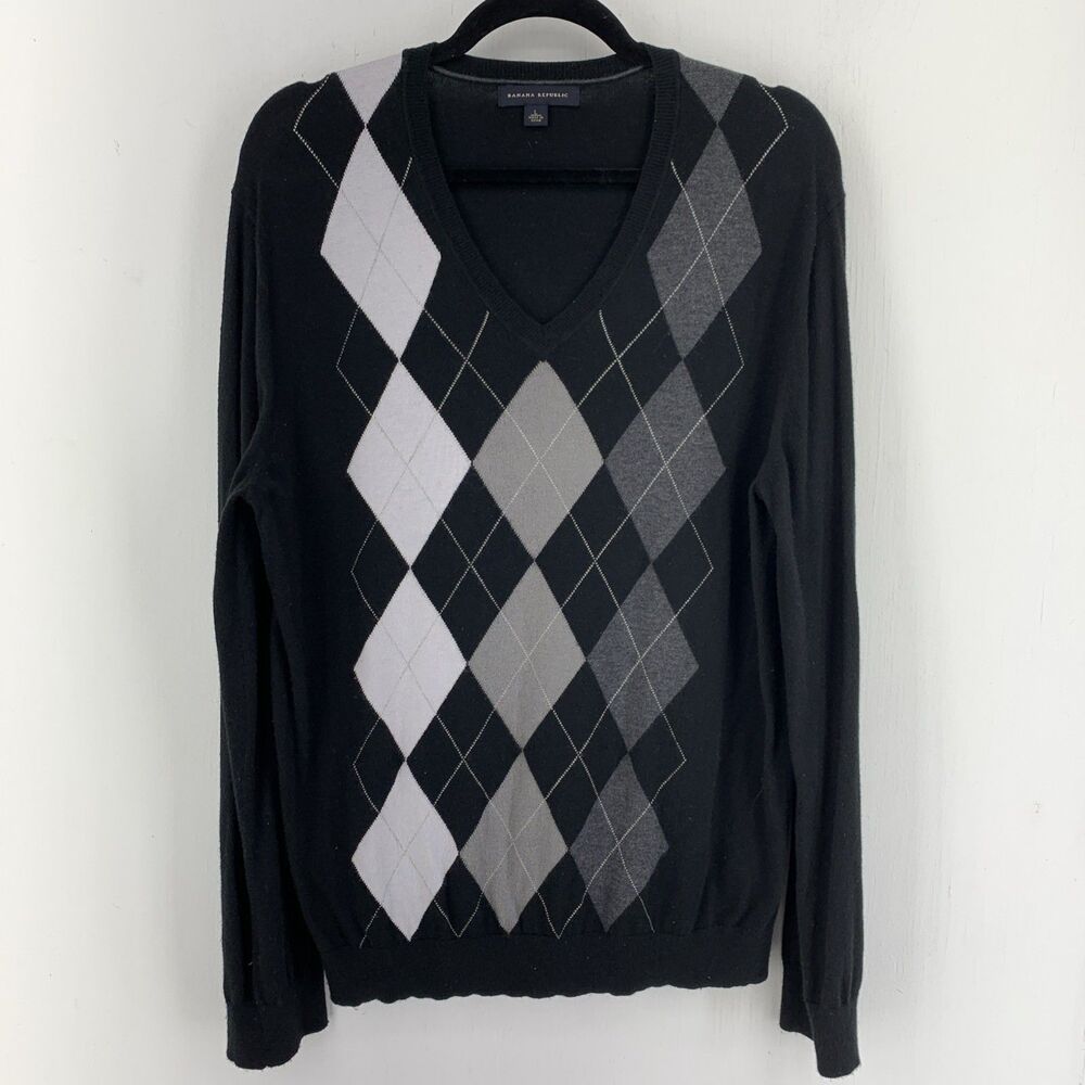 Y2K Banana Republic Mens Large Vneck Pullover Sweater Argyle Diamond Preppy‎